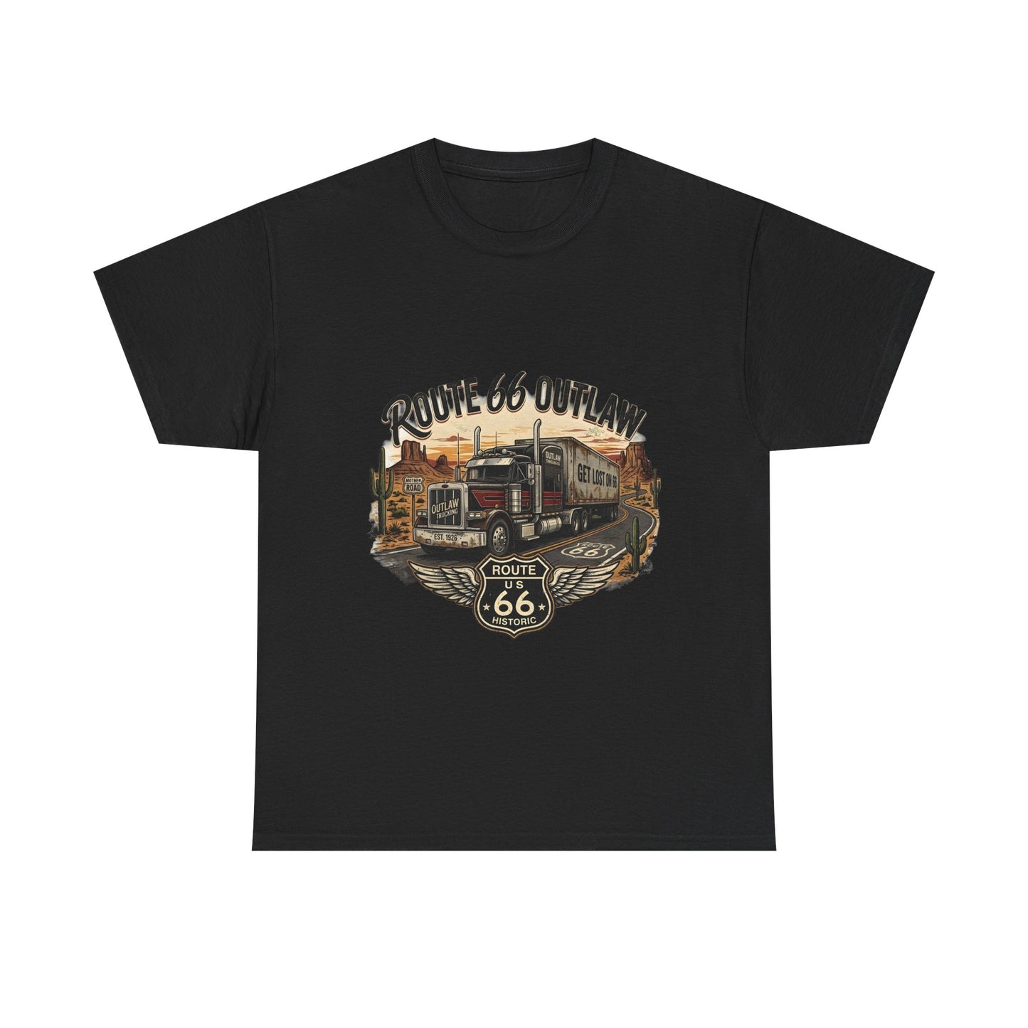 Route 66 Outlaw Trucker T‑Shirt — Vintage Route 66 Road Trip Tee