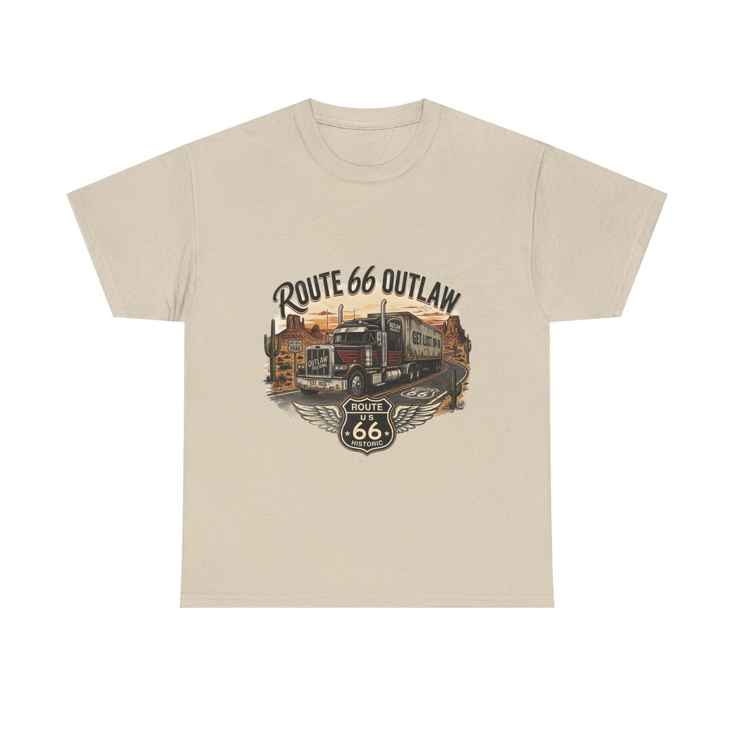 Route 66 Outlaw Trucker T‑Shirt — Vintage Route 66 Road Trip Tee
