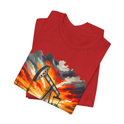 Oil Derrick Sunset T‑Shirt — Vintage Pumpjack Landscape Tee