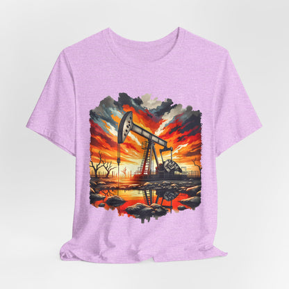 Oil Derrick Sunset T‑Shirt — Vintage Pumpjack Landscape Tee