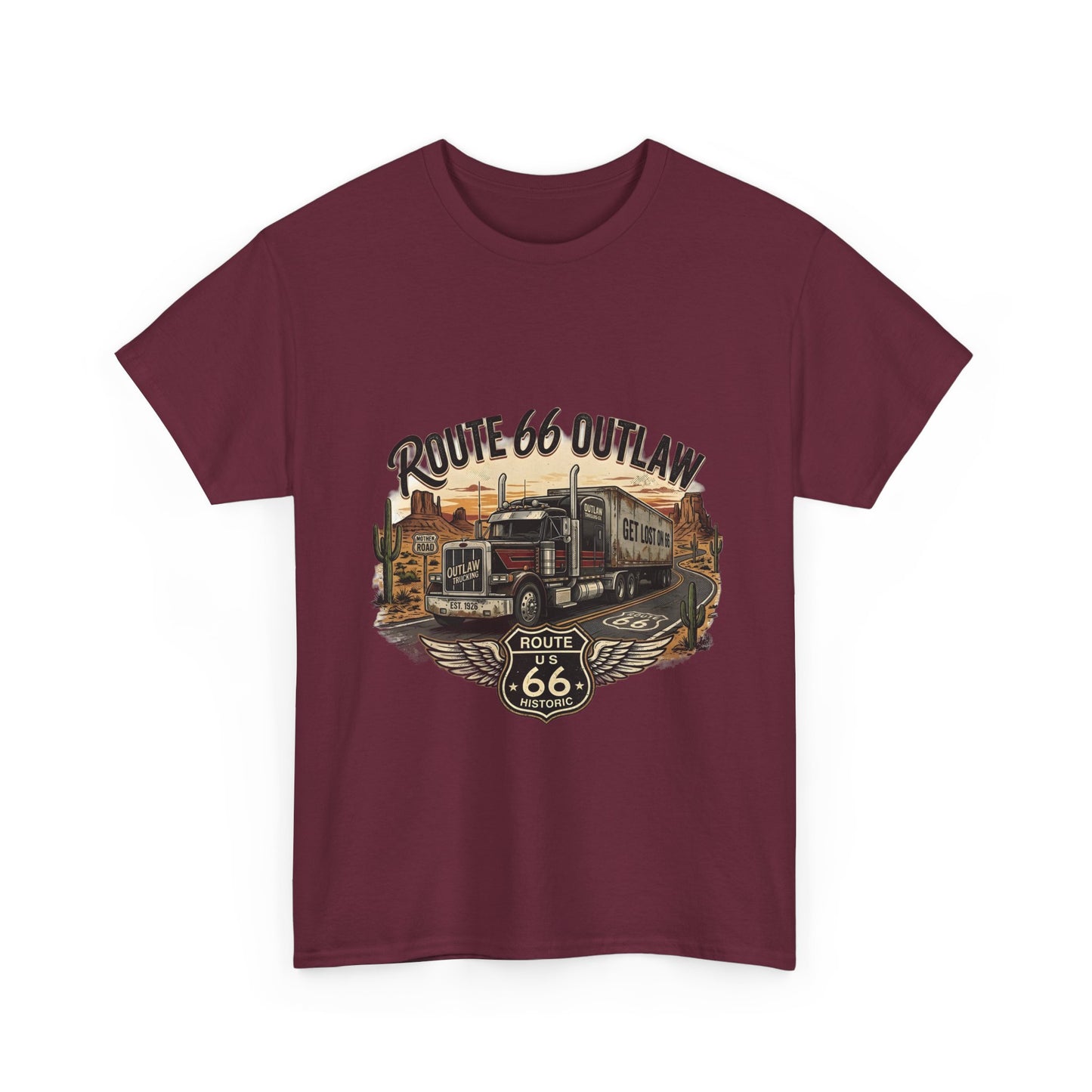 Route 66 Outlaw Trucker T‑Shirt — Vintage Route 66 Road Trip Tee