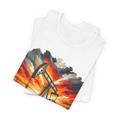 Oil Derrick Sunset T‑Shirt — Vintage Pumpjack Landscape Tee