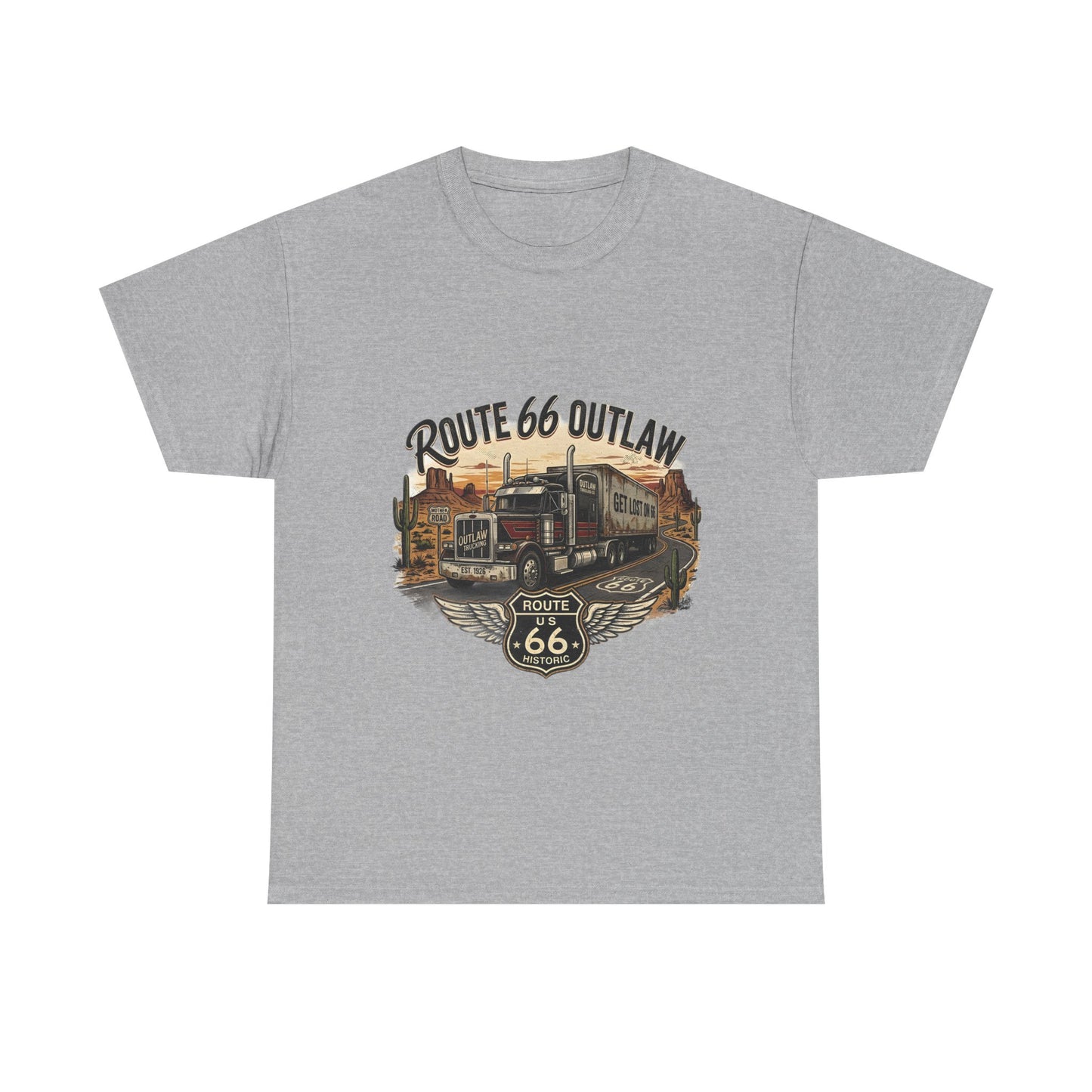 Route 66 Outlaw Trucker T‑Shirt — Vintage Route 66 Road Trip Tee