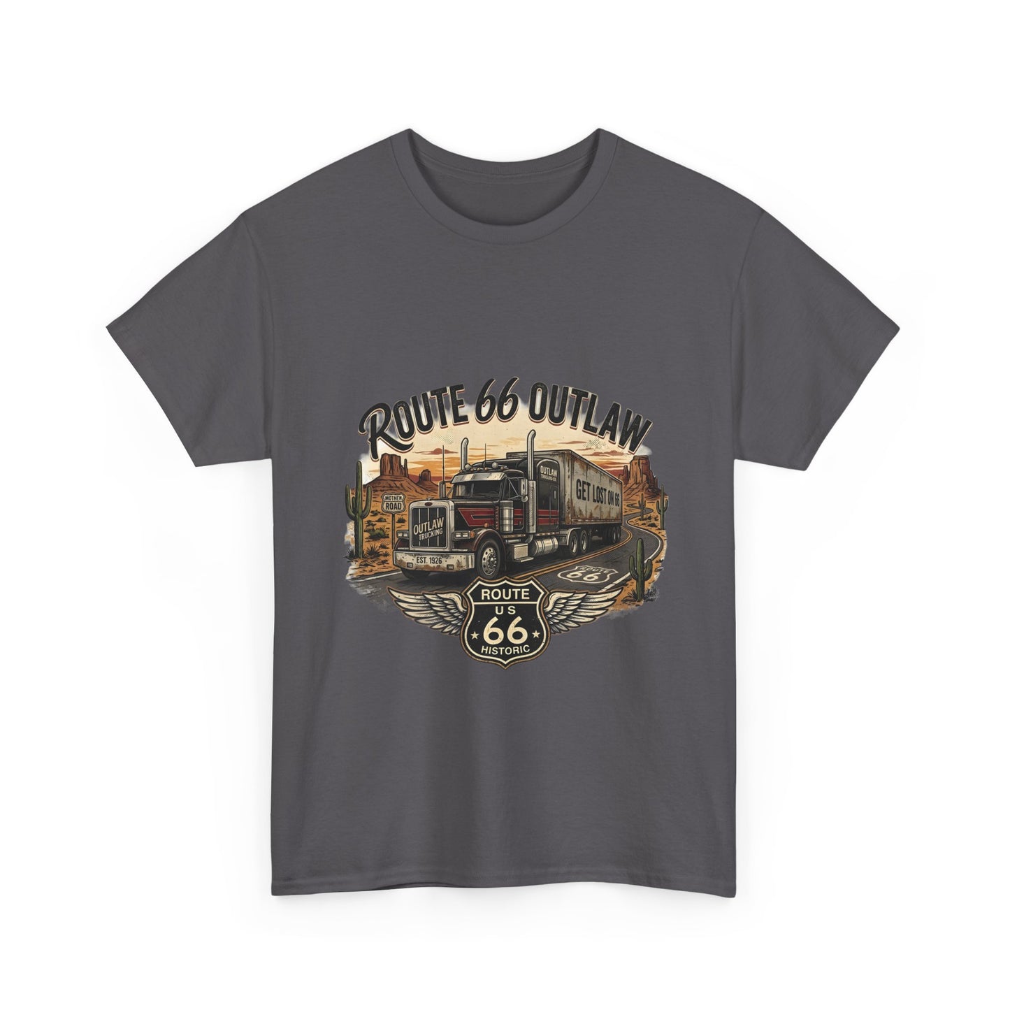 Route 66 Outlaw Trucker T‑Shirt — Vintage Route 66 Road Trip Tee