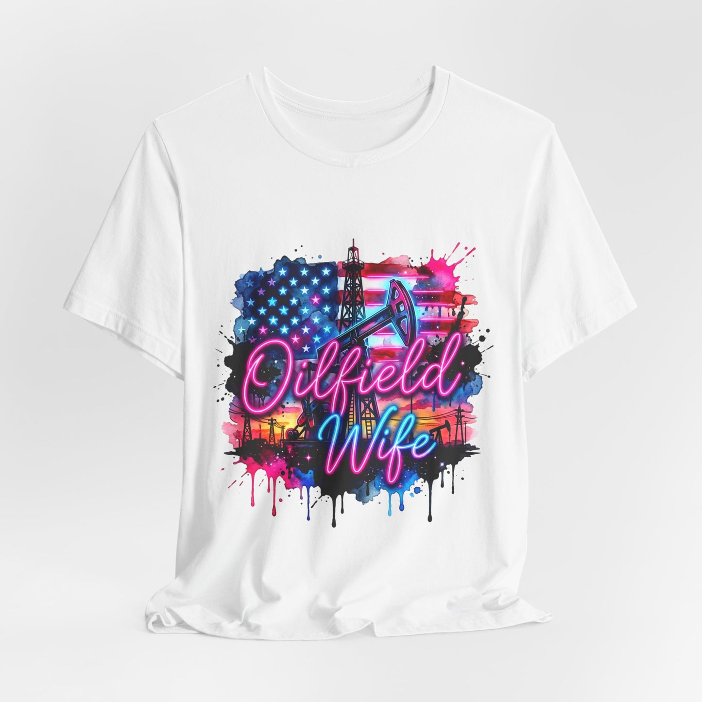 Oilfield Wife T-Shirt — Patriotic Neon Oil Rig Tee for Oilfield Families