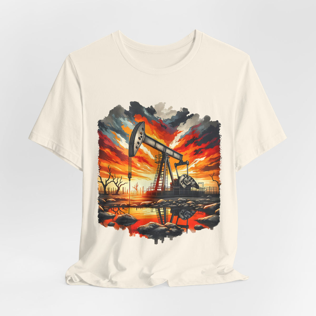 Oil Derrick Sunset T‑Shirt — Vintage Pumpjack Landscape Tee