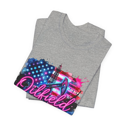 Oilfield Wife T-Shirt — Patriotic Neon Oil Rig Tee for Oilfield Families