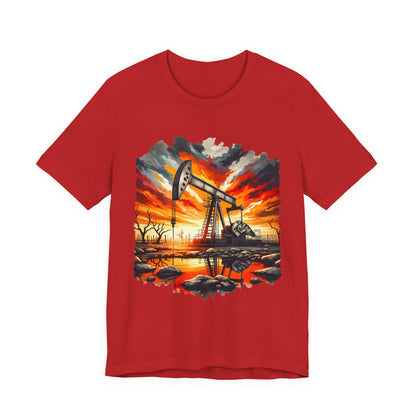Oil Derrick Sunset T‑Shirt — Vintage Pumpjack Landscape Tee