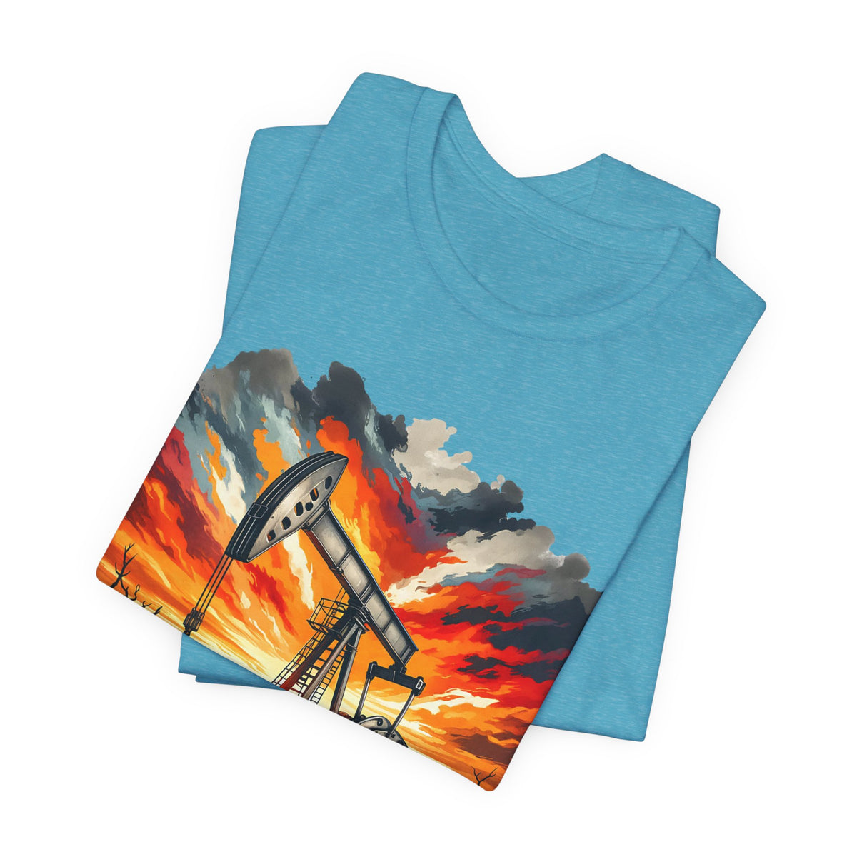 Oil Derrick Sunset T‑Shirt — Vintage Pumpjack Landscape Tee