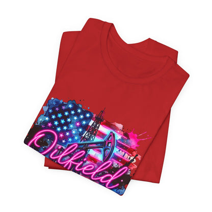 Oilfield Wife T-Shirt — Patriotic Neon Oil Rig Tee for Oilfield Families