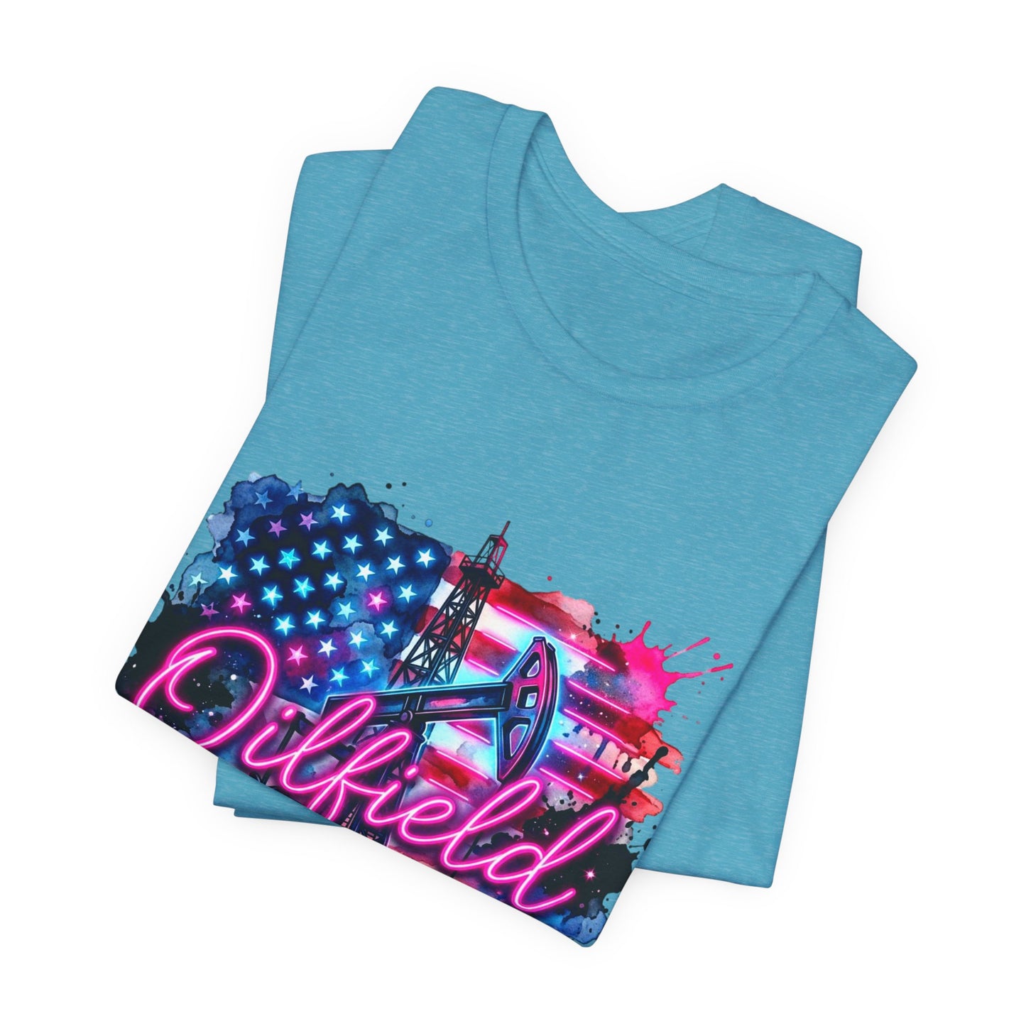 Oilfield Wife T-Shirt — Patriotic Neon Oil Rig Tee for Oilfield Families