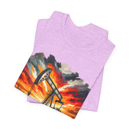 Oil Derrick Sunset T‑Shirt — Vintage Pumpjack Landscape Tee