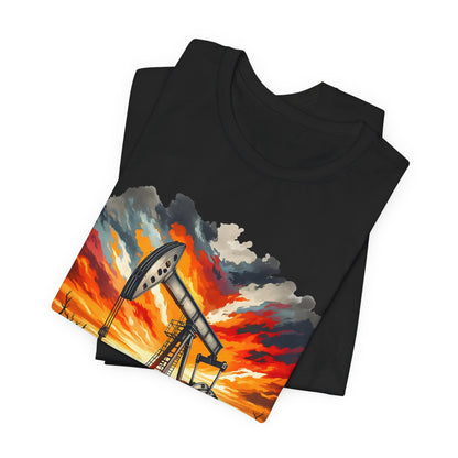 Oil Derrick Sunset T‑Shirt — Vintage Pumpjack Landscape Tee