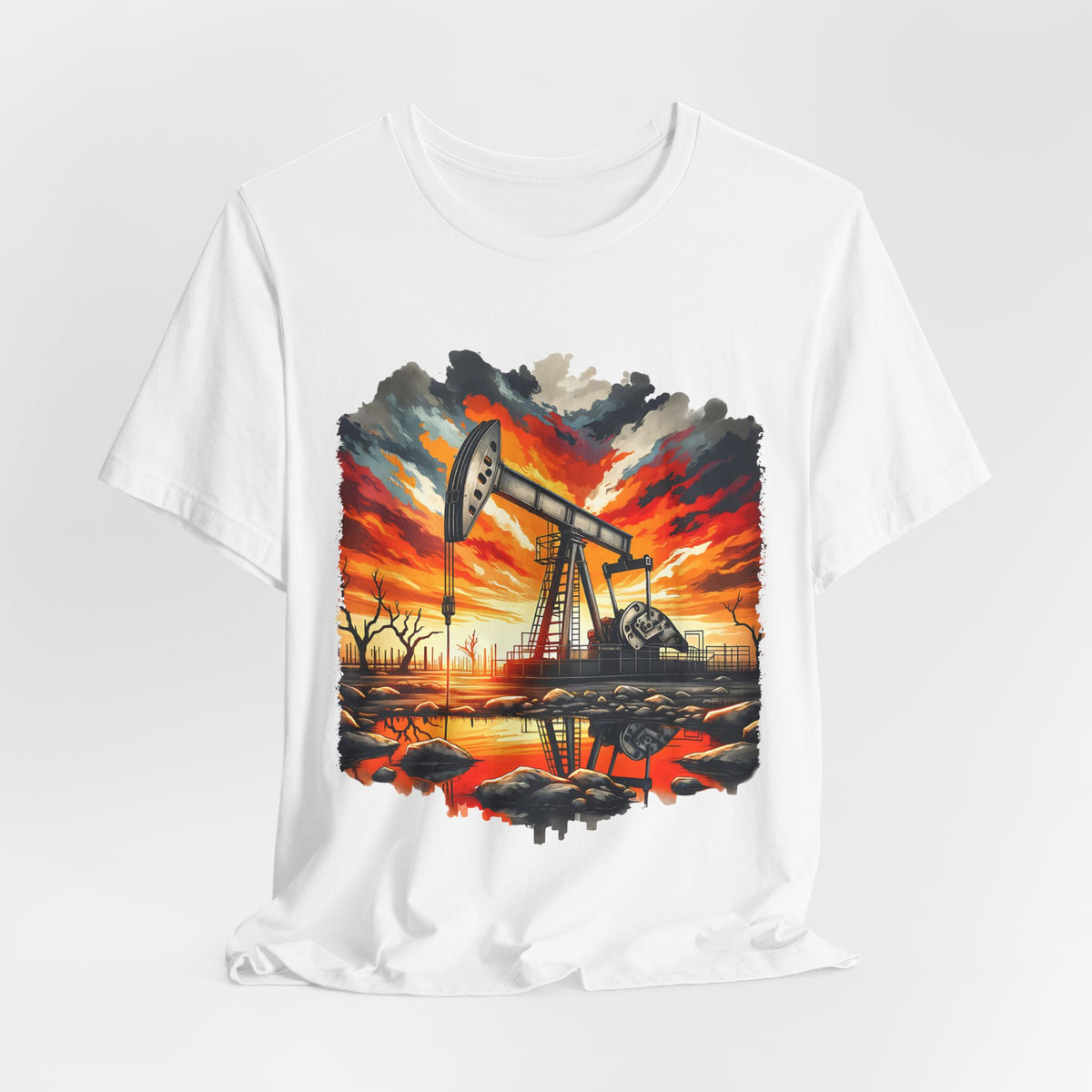 Oil Derrick Sunset T‑Shirt — Vintage Pumpjack Landscape Tee