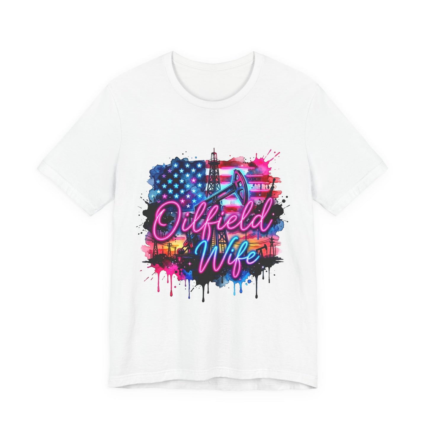 Oilfield Wife T-Shirt — Patriotic Neon Oil Rig Tee for Oilfield Families
