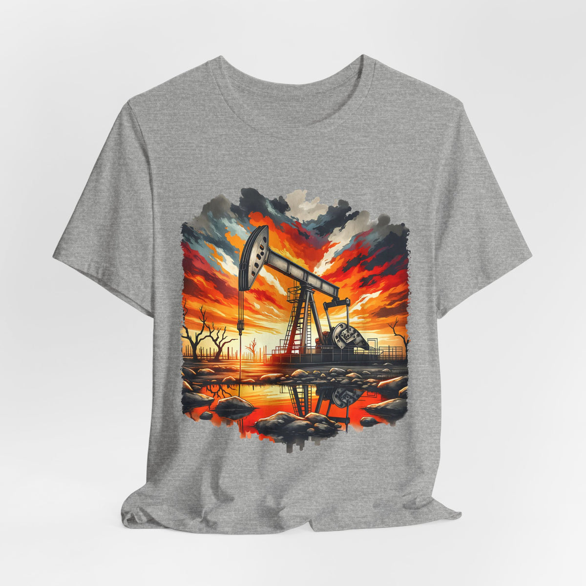 Oil Derrick Sunset T‑Shirt — Vintage Pumpjack Landscape Tee