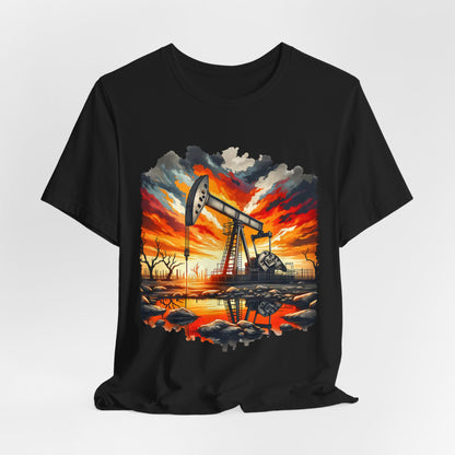 Oil Derrick Sunset T‑Shirt — Vintage Pumpjack Landscape Tee
