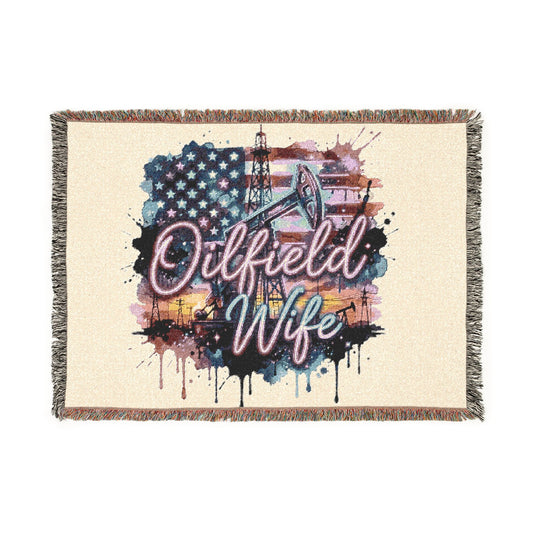 Oilfield Wife Woven Blanket – Patriotic Oil Rig Throw for Oilfield Families