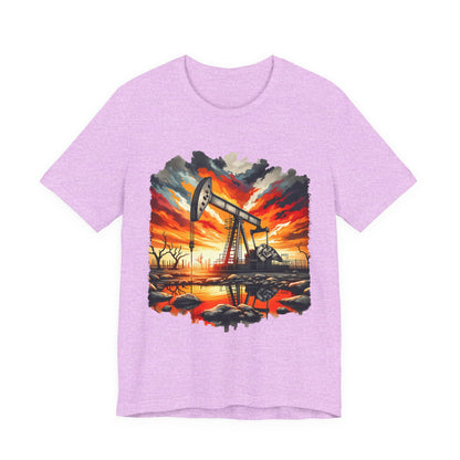 Oil Derrick Sunset T‑Shirt — Vintage Pumpjack Landscape Tee