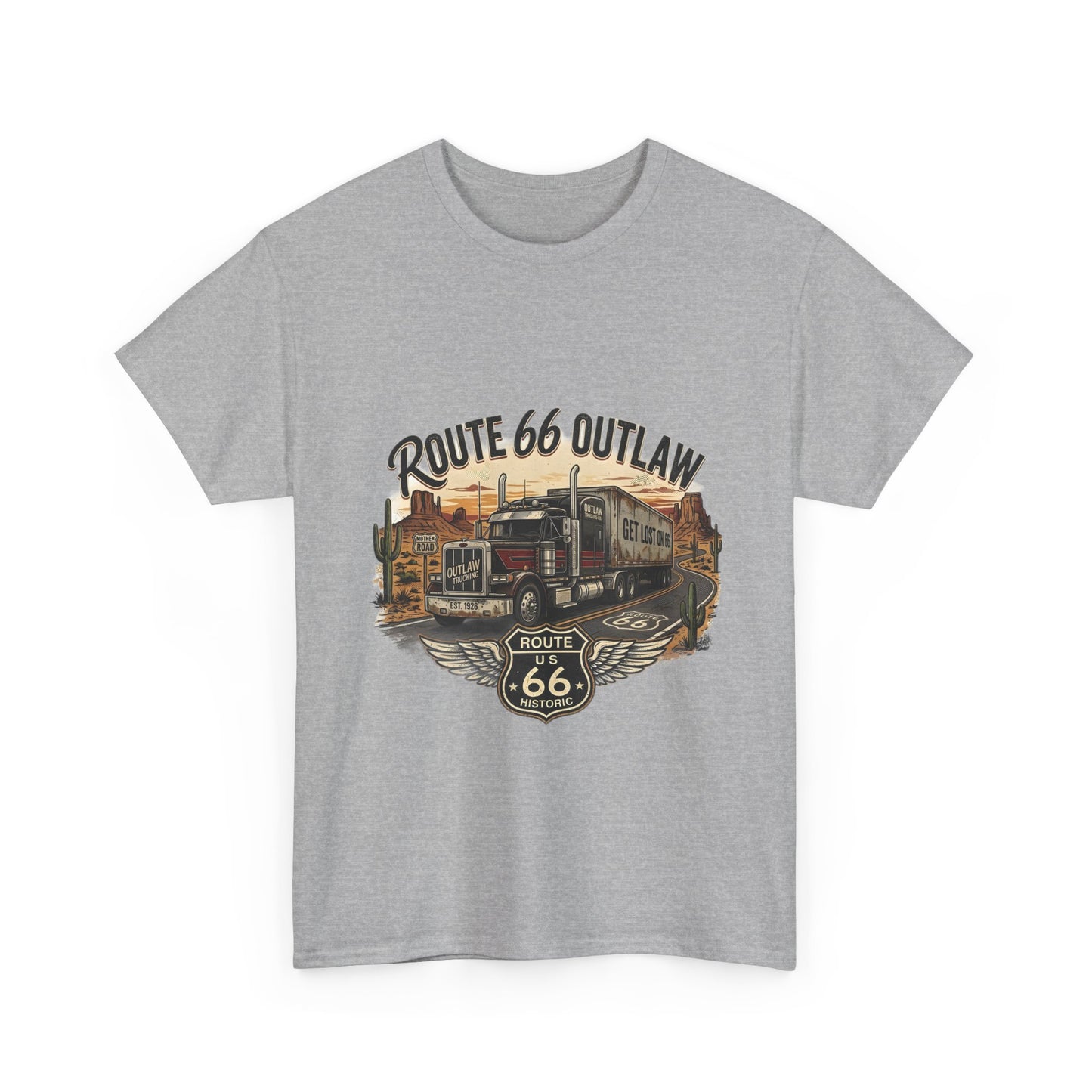 Route 66 Outlaw Trucker T‑Shirt — Vintage Route 66 Road Trip Tee
