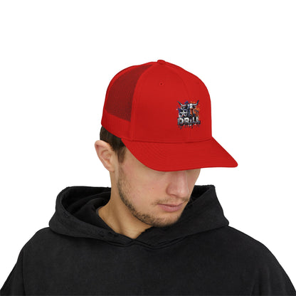 Trucker Cap — 'Drill' American Flag Skull Snapback
