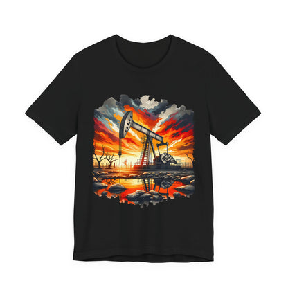 Oil Derrick Sunset T‑Shirt — Vintage Pumpjack Landscape Tee