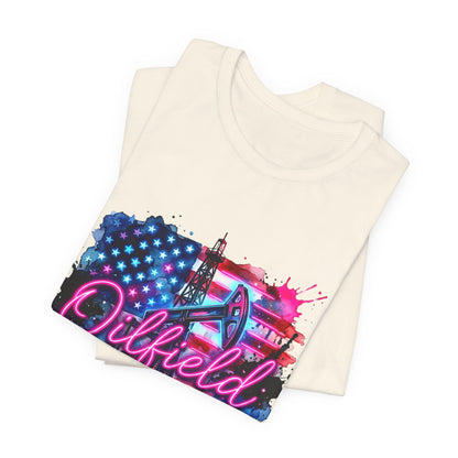 Oilfield Wife T-Shirt — Patriotic Neon Oil Rig Tee for Oilfield Families