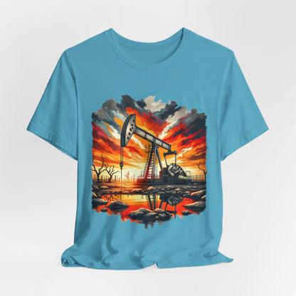 Oil Derrick Sunset T‑Shirt — Vintage Pumpjack Landscape Tee