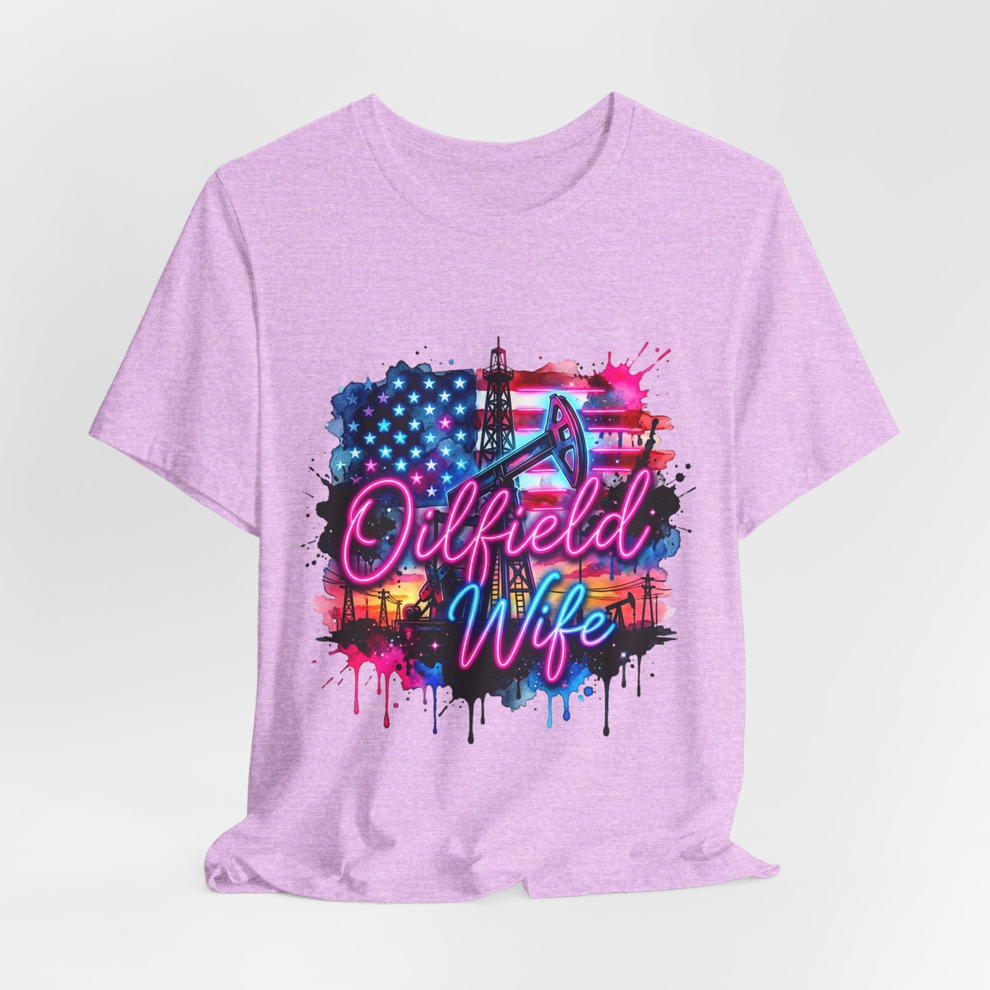 Oilfield Wife T-Shirt — Patriotic Neon Oil Rig Tee for Oilfield Families