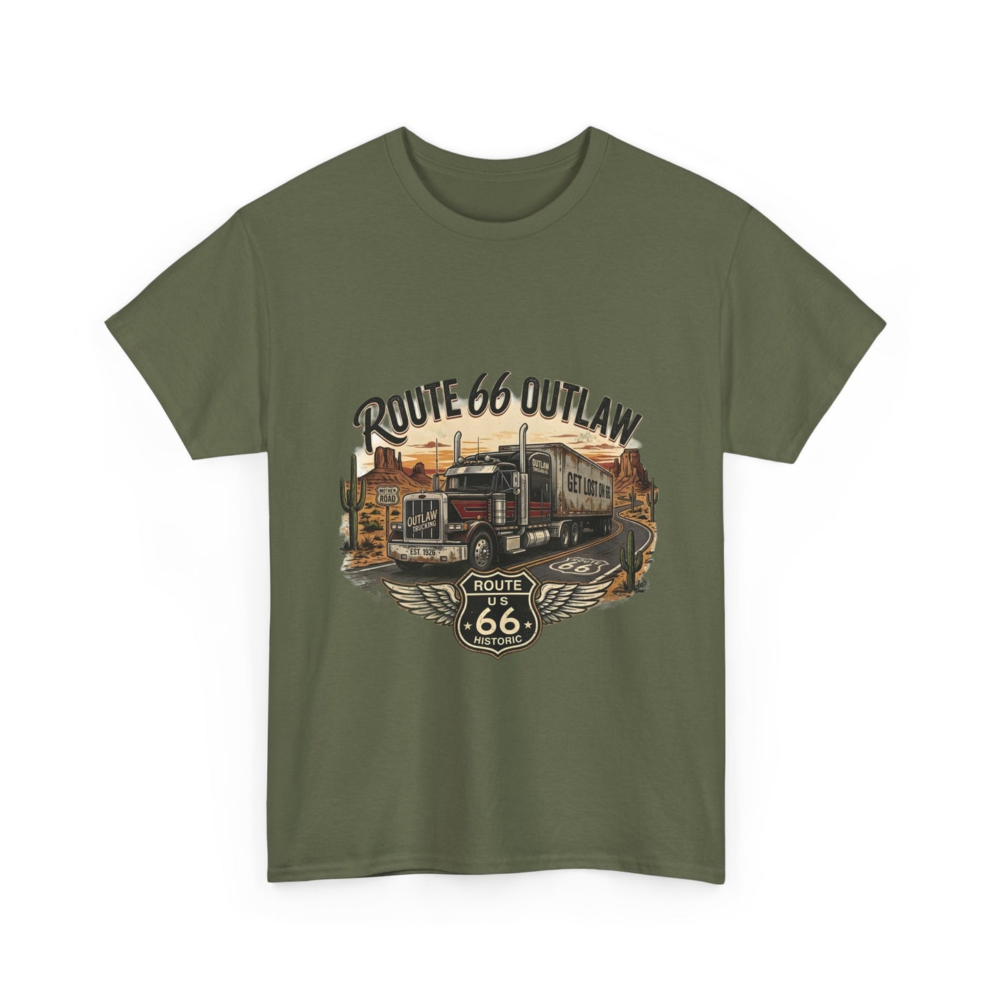 Route 66 Outlaw Trucker T‑Shirt — Vintage Route 66 Road Trip Tee