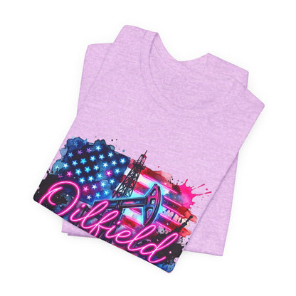 Oilfield Wife T-Shirt — Patriotic Neon Oil Rig Tee for Oilfield Families