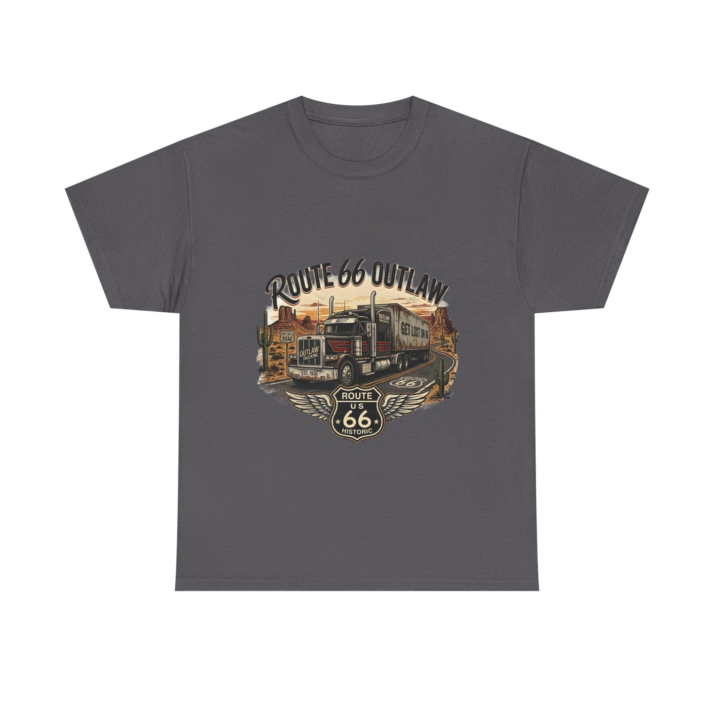 Route 66 Outlaw Trucker T‑Shirt — Vintage Route 66 Road Trip Tee