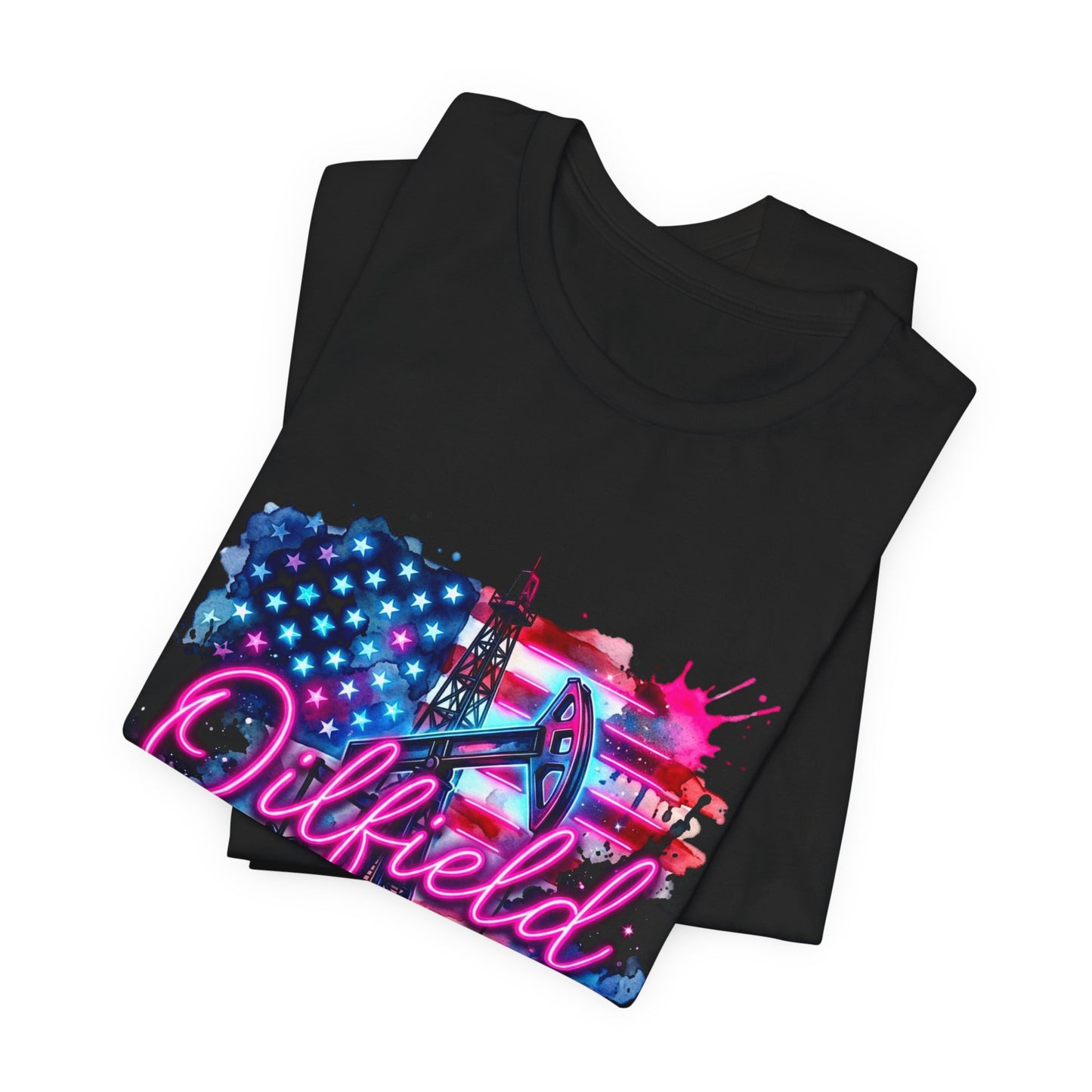 Oilfield Wife T-Shirt — Patriotic Neon Oil Rig Tee for Oilfield Families