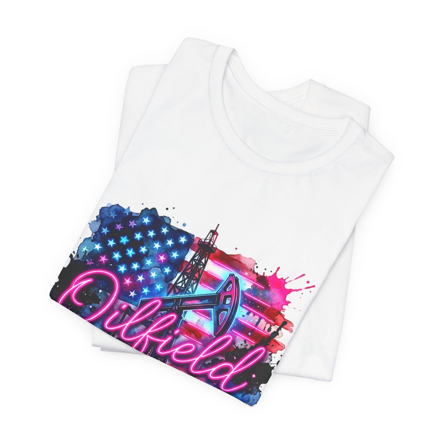 Oilfield Wife T-Shirt — Patriotic Neon Oil Rig Tee for Oilfield Families