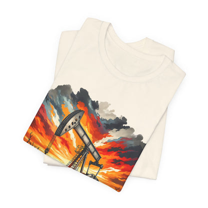 Oil Derrick Sunset T‑Shirt — Vintage Pumpjack Landscape Tee