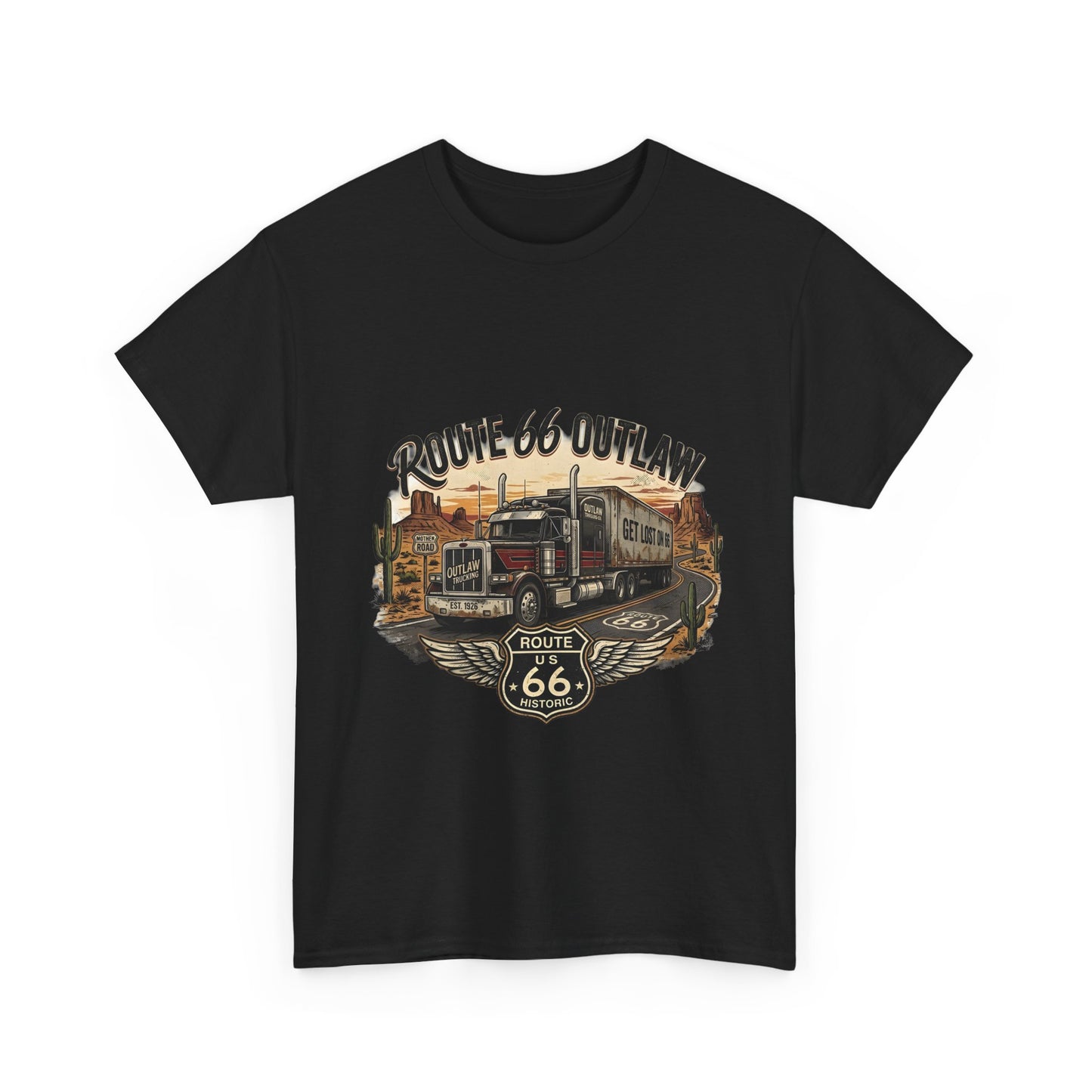 Route 66 Outlaw Trucker T‑Shirt — Vintage Route 66 Road Trip Tee