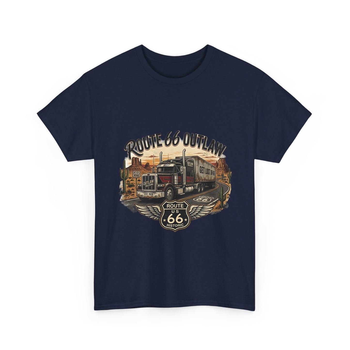 Route 66 Outlaw Trucker T‑Shirt — Vintage Route 66 Road Trip Tee