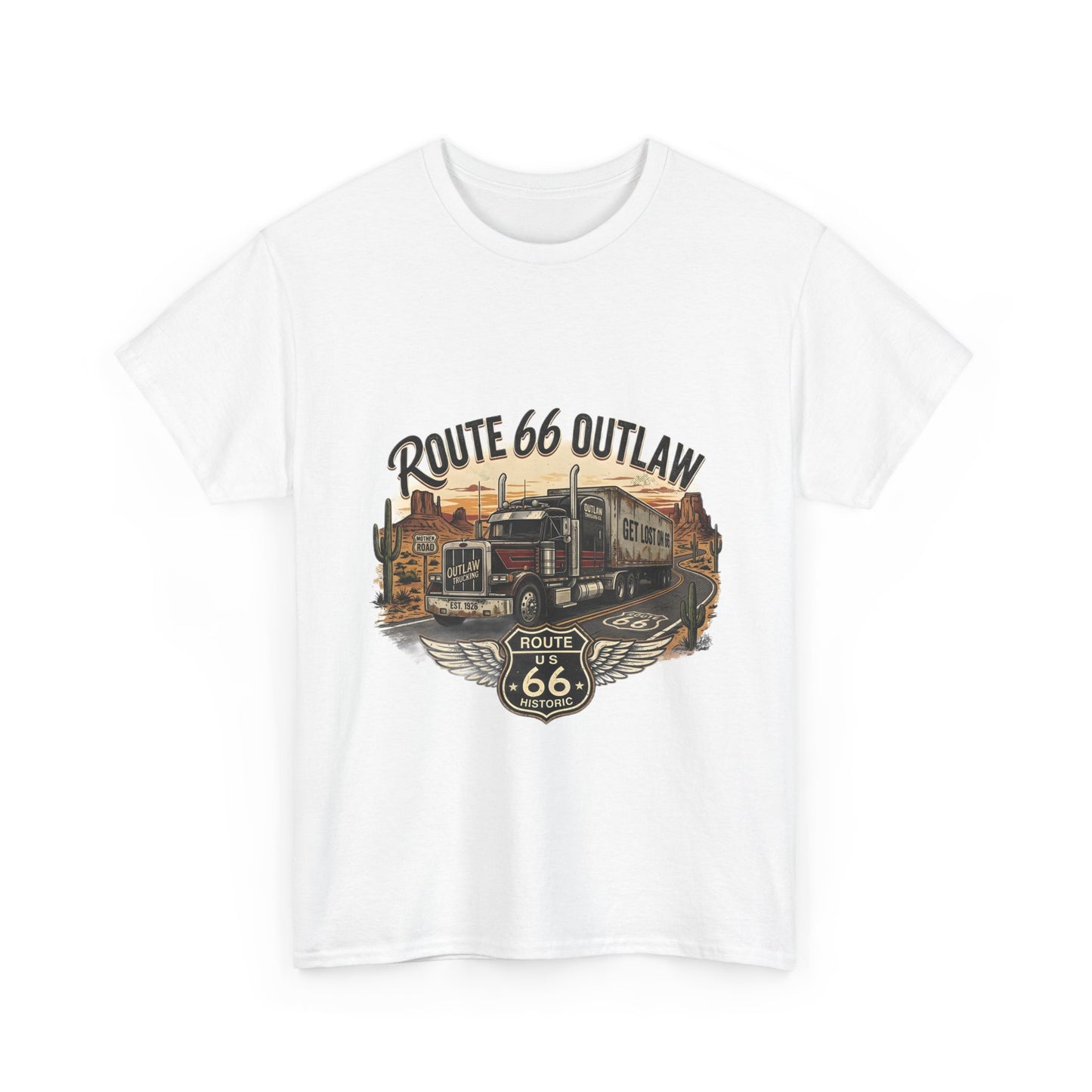 Route 66 Outlaw Trucker T‑Shirt — Vintage Route 66 Road Trip Tee