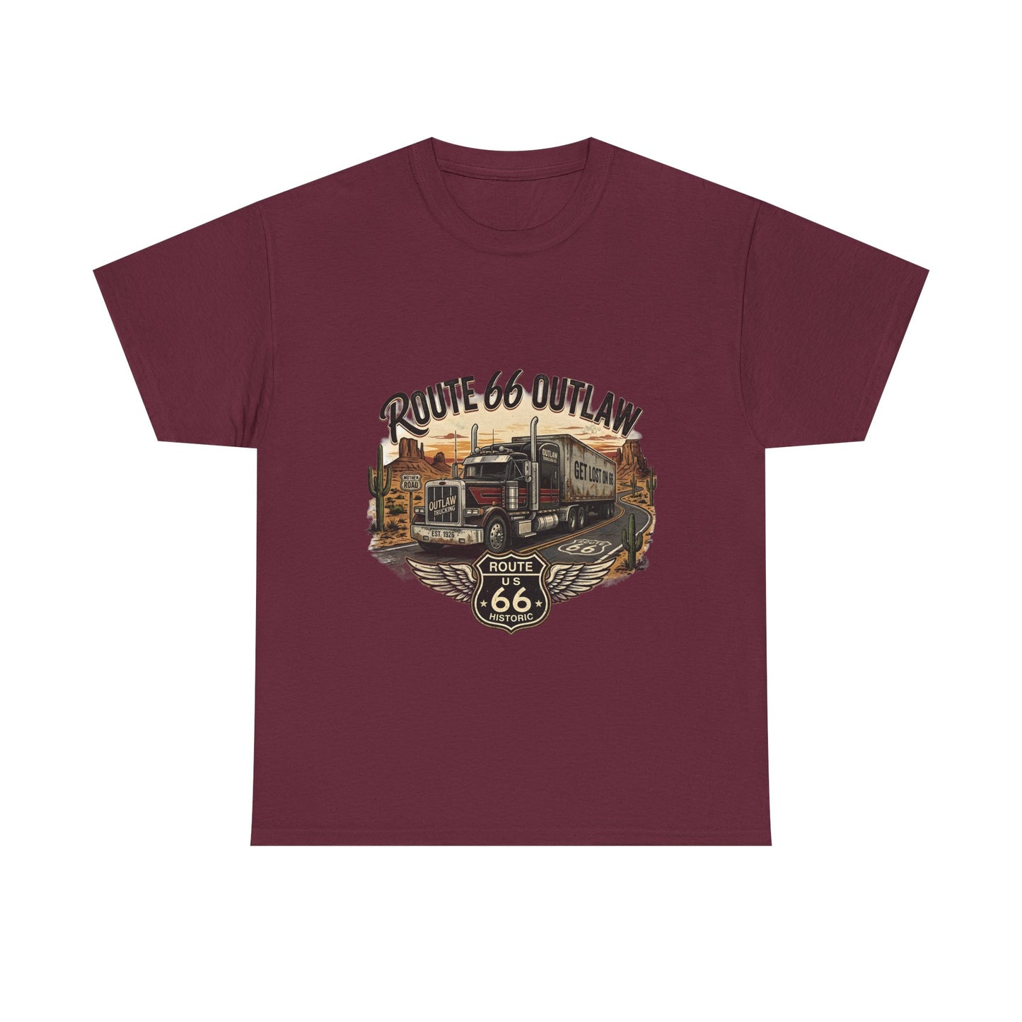 Route 66 Outlaw Trucker T‑Shirt — Vintage Route 66 Road Trip Tee