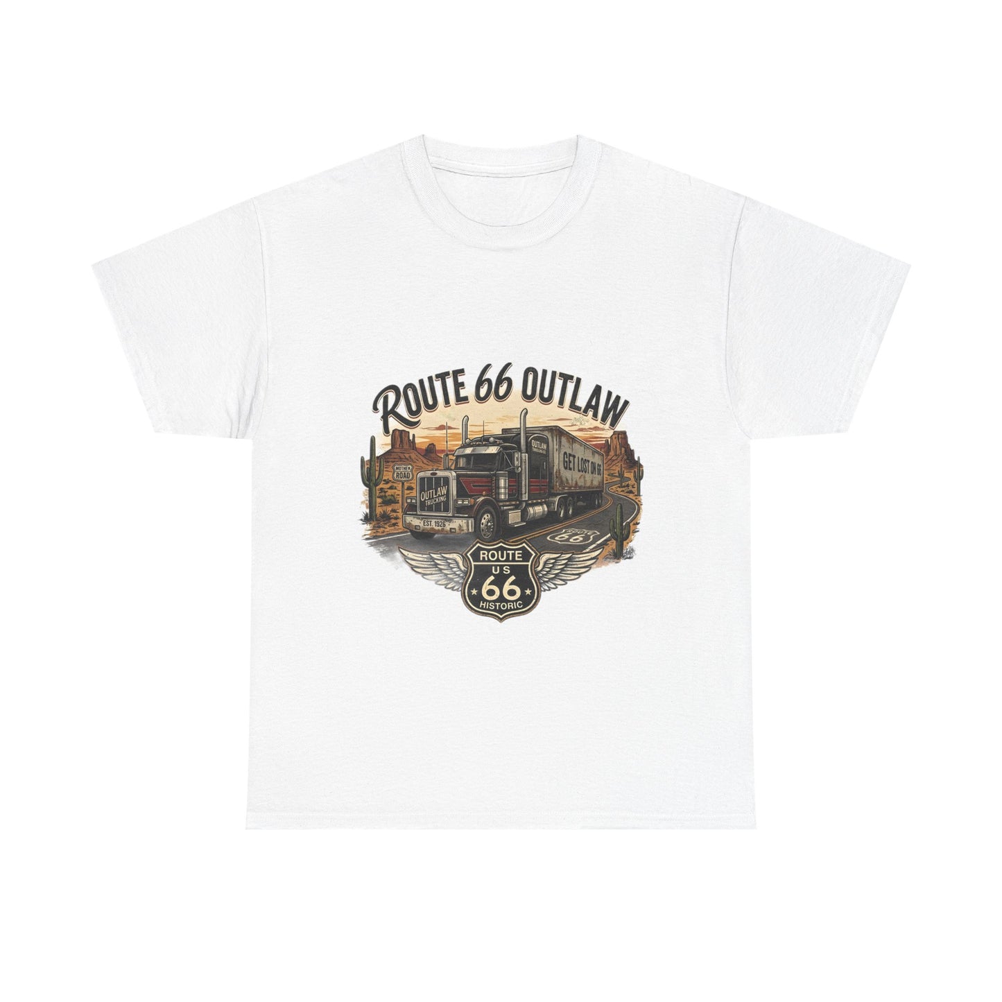 Route 66 Outlaw Trucker T‑Shirt — Vintage Route 66 Road Trip Tee