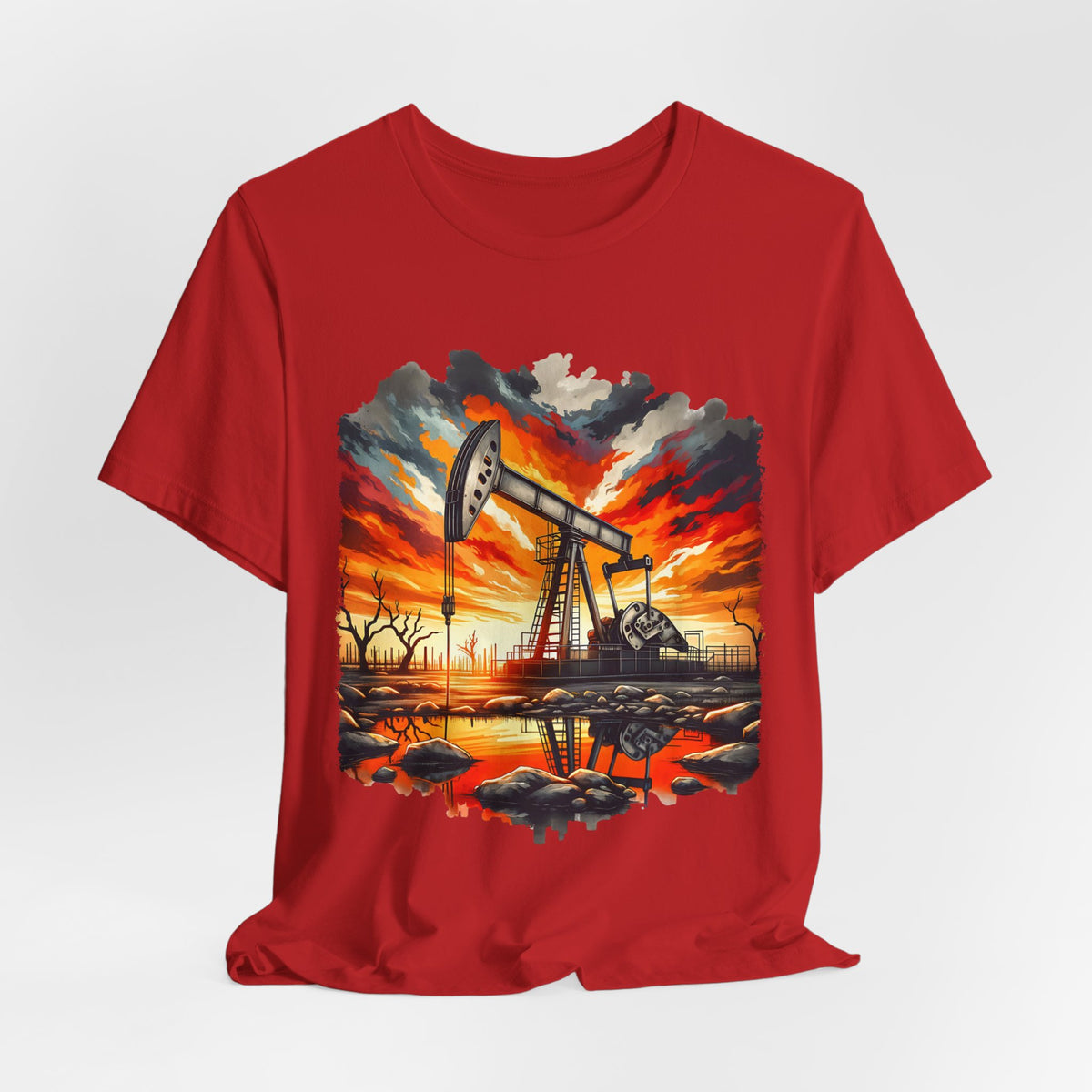 Oil Derrick Sunset T‑Shirt — Vintage Pumpjack Landscape Tee