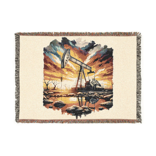 Oilfield Pumpjack Woven Blanket — Retro Sunset Energy Throw