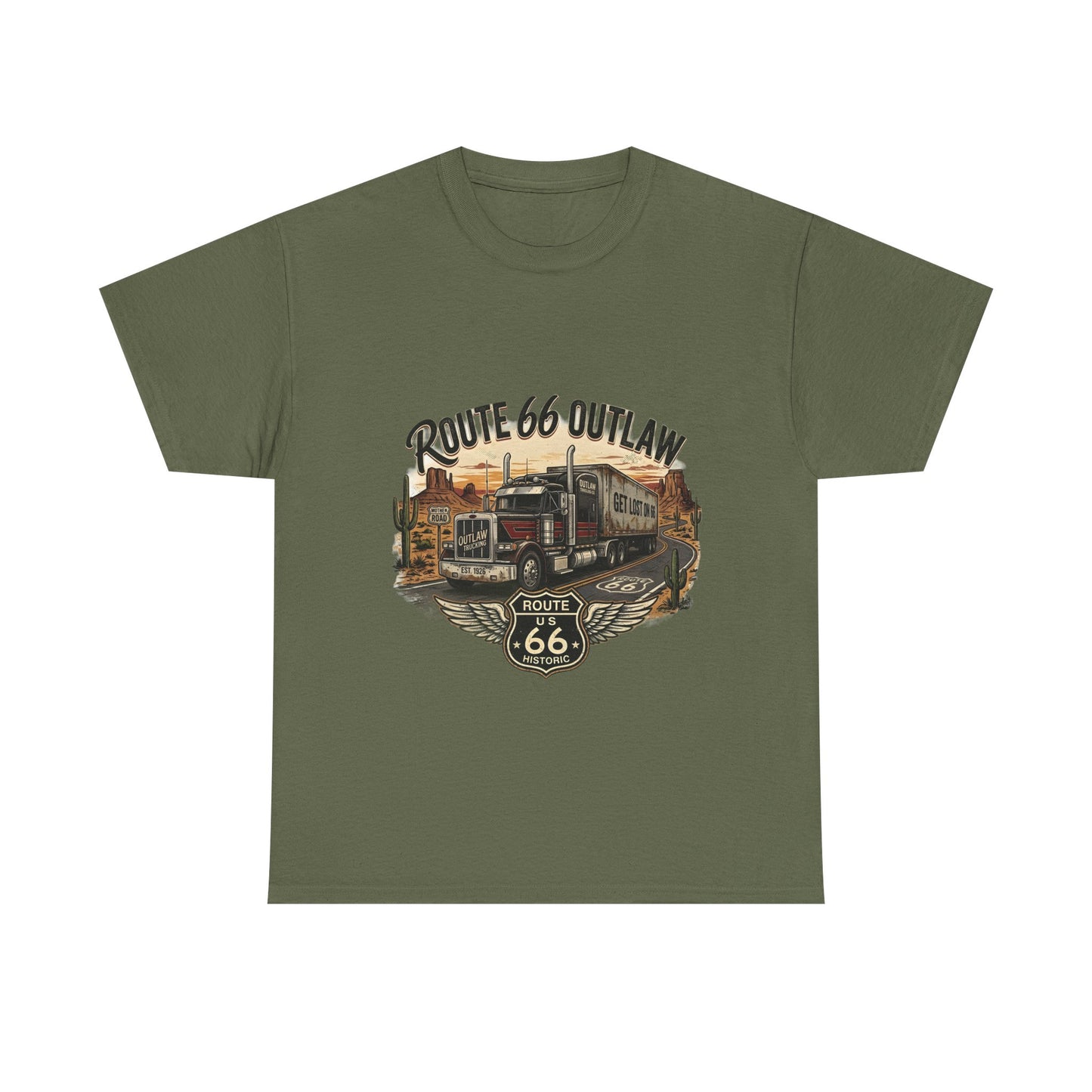 Route 66 Outlaw Trucker T‑Shirt — Vintage Route 66 Road Trip Tee