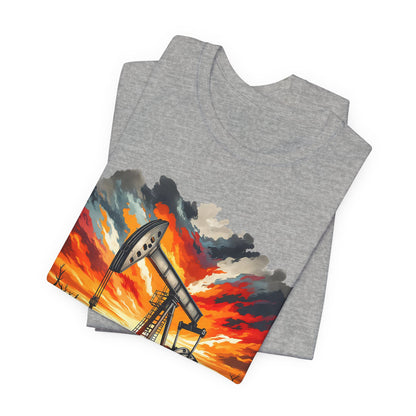 Oil Derrick Sunset T‑Shirt — Vintage Pumpjack Landscape Tee