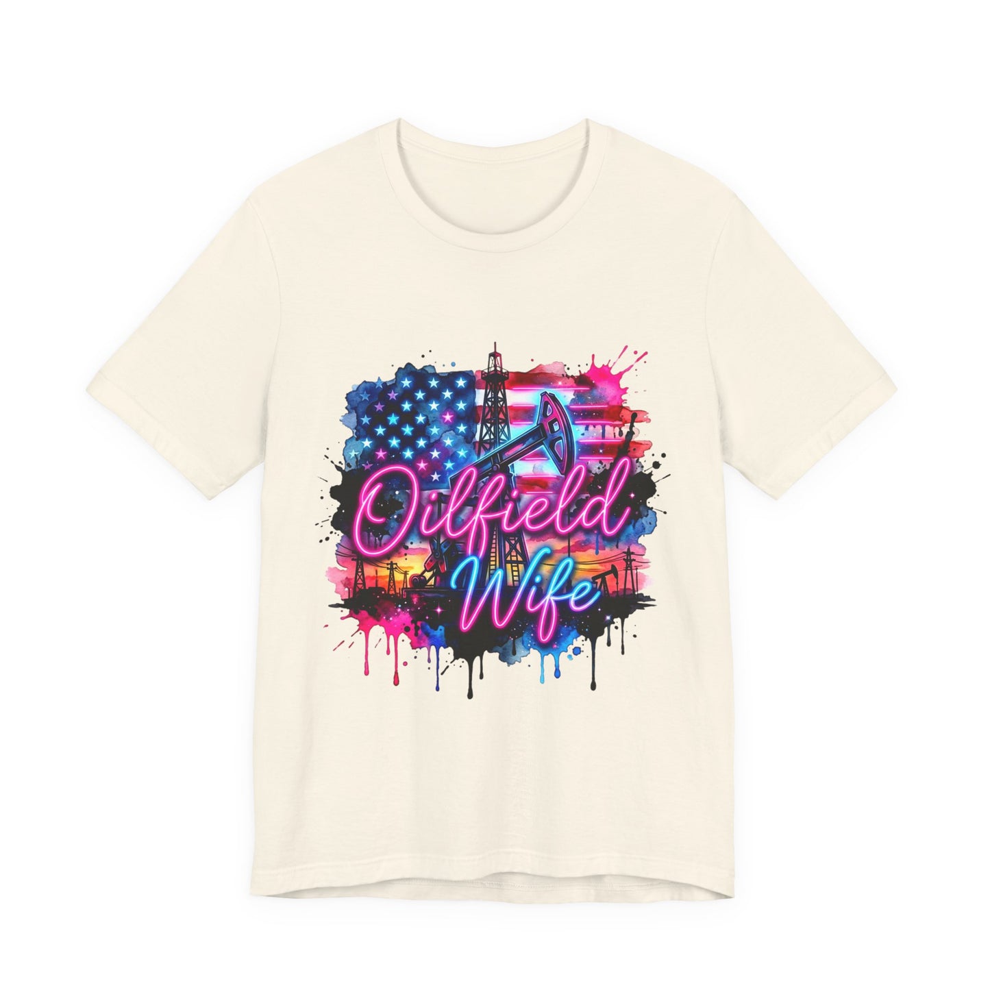 Oilfield Wife T-Shirt — Patriotic Neon Oil Rig Tee for Oilfield Families