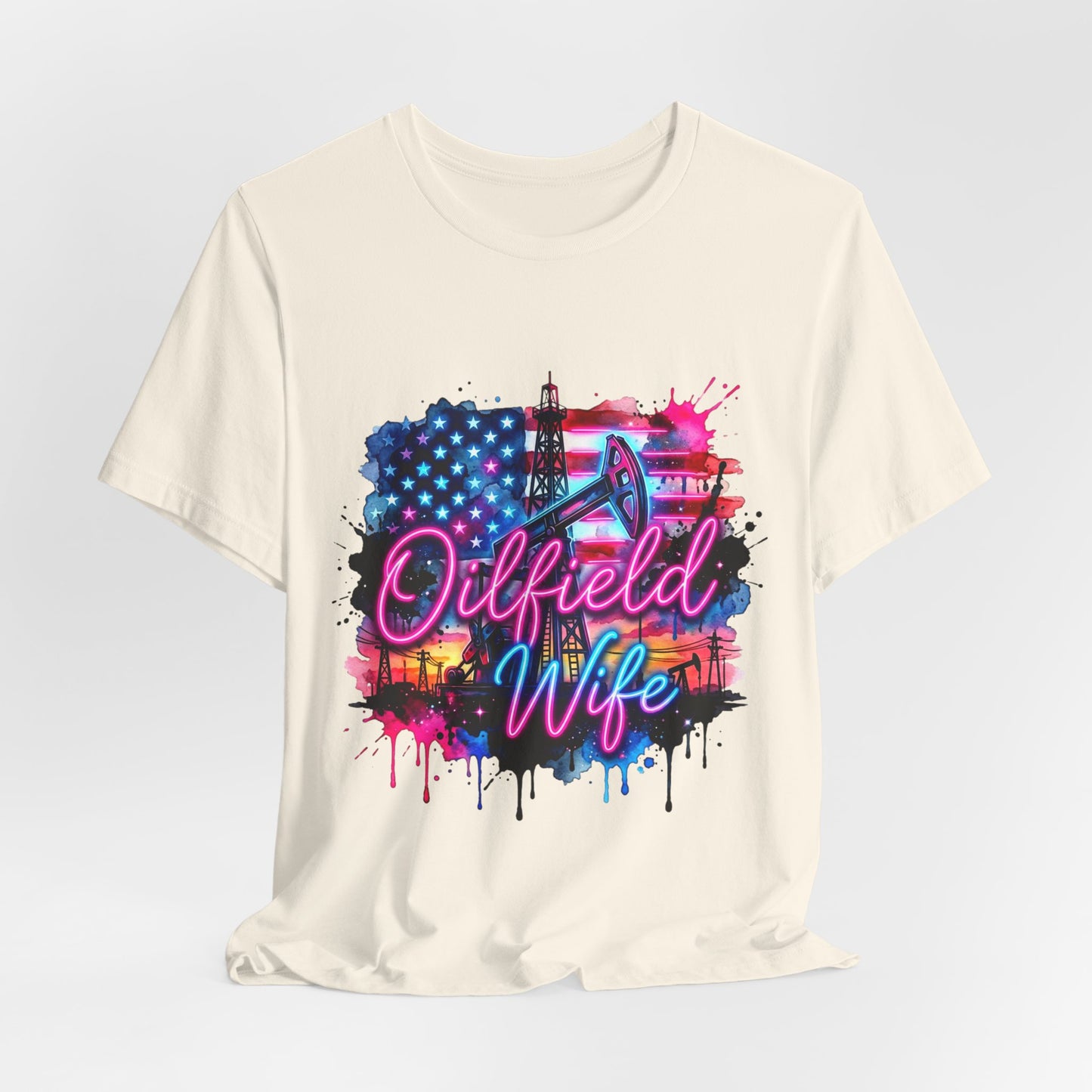 Oilfield Wife T-Shirt — Patriotic Neon Oil Rig Tee for Oilfield Families